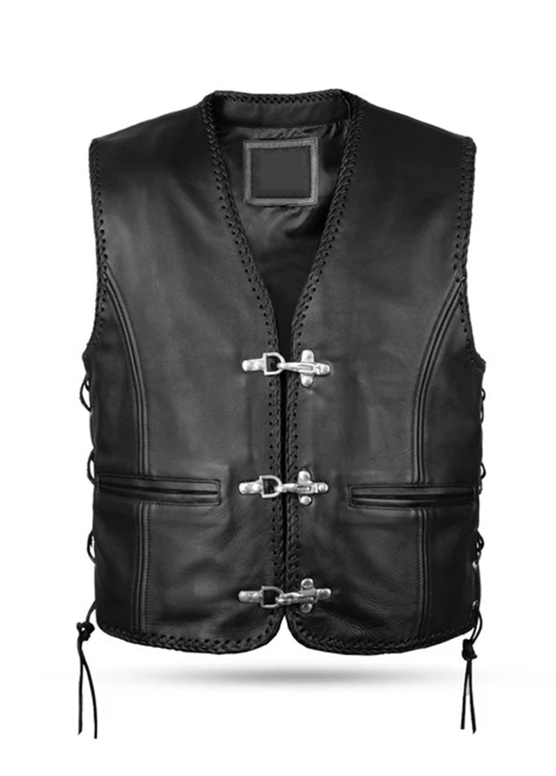Men’s Black Leather Biker Vest with Side Lace & Metal Hook Closure
