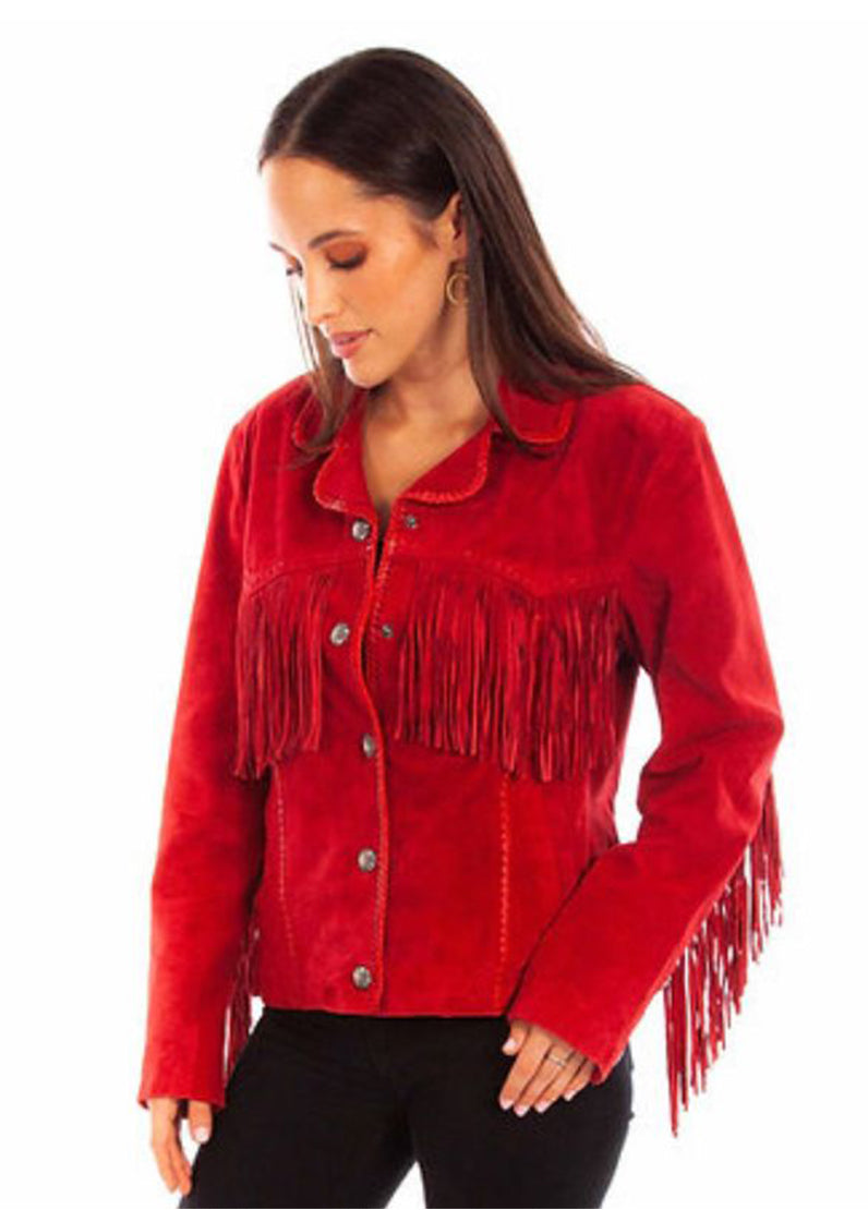Women's Ruby Red Suede Fringe Western Jacket – Genuine Leather Cowboy Style Tassel Jacket