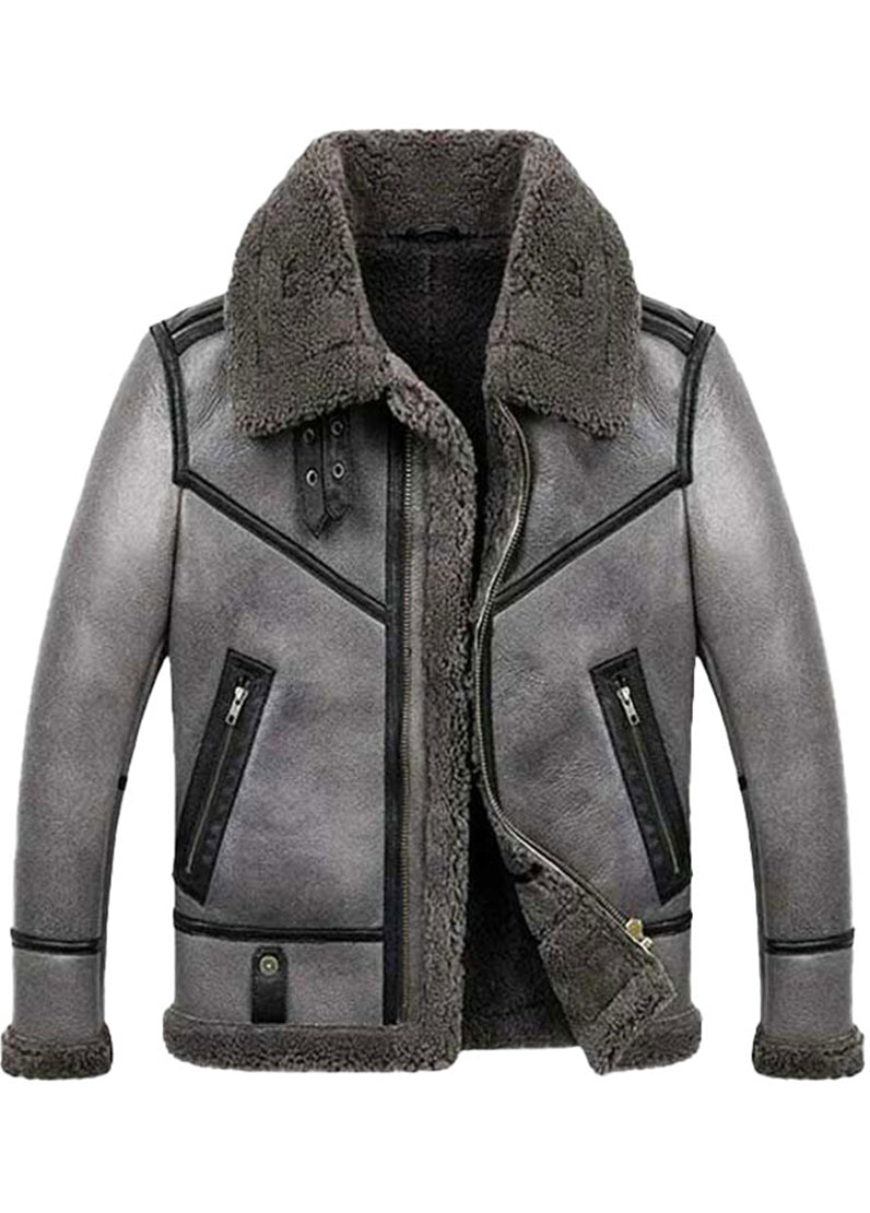 Men's Arctic Grey Shearling Aviator Leather Jacket – Winter Faux Fur B3 Bomber Jacket