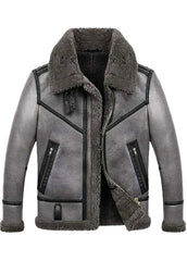 Men's Arctic Grey Shearling Aviator Leather Jacket – Winter Faux Fur B3 Bomber Jacket