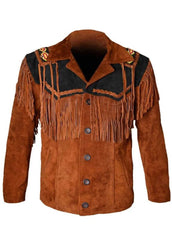 Men’s Rustic Brown Western Fringe Suede Leather Jacket – Cowboy Style Tassel Coat