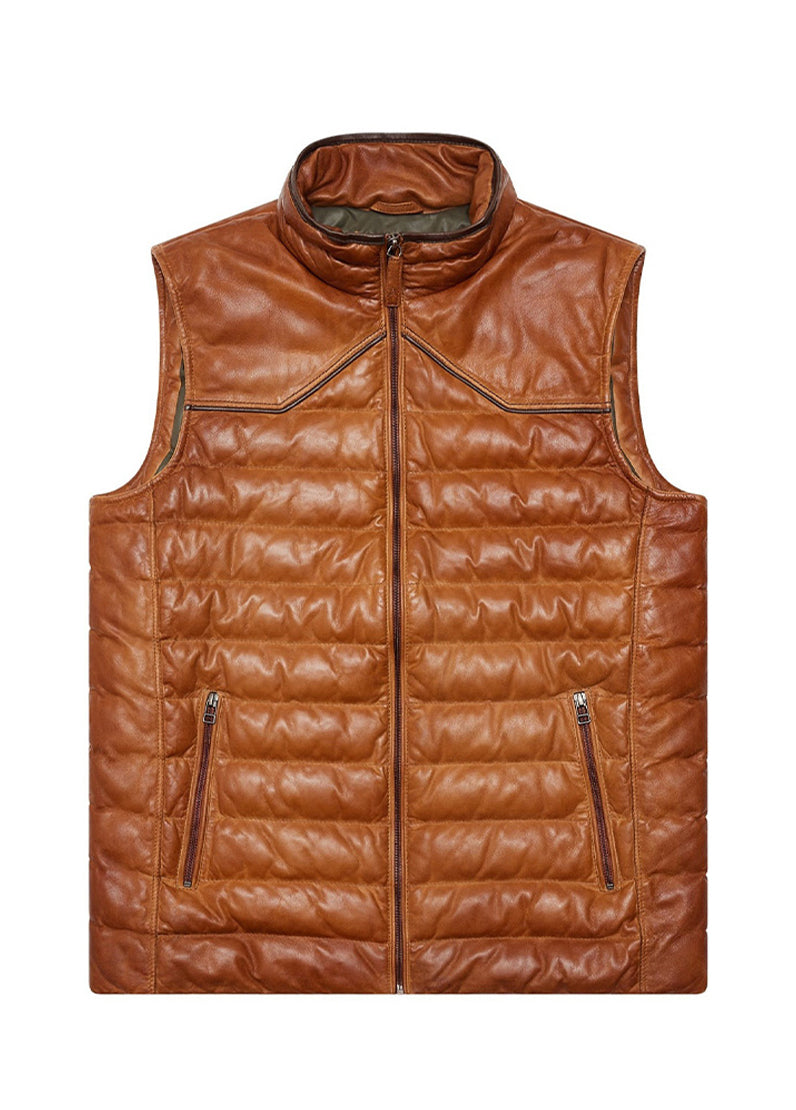 Men’s Brown Quilted Leather Puffer Vest – Premium Winter Zip-Up Sleeveless Jacket