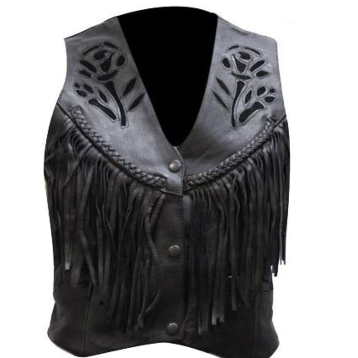 Black Leather Fringe Vest with Rose Cut Design – Western Style Biker Vest | The Western Jacket