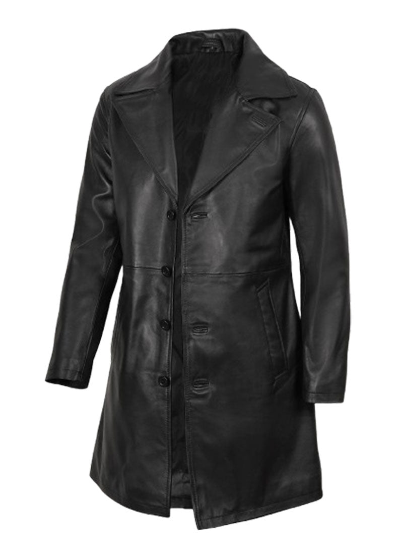 Men’s Genuine Black Leather Long Trench Coat