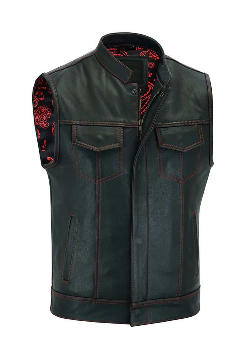 Men’s Black Leather Biker Vest with Red Stitching – Premium Motorcycle Western Vest | The Western Jacket
