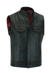 Men’s Black Leather Biker Vest with Red Stitching – Premium Motorcycle Western Vest | The Western Jacket