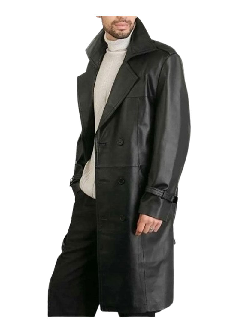 Men's Classic Black Genuine Leather Trench Coat - Double-Breasted Overcoat