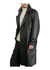 Men's Classic Black Genuine Leather Trench Coat - Double-Breasted Overcoat