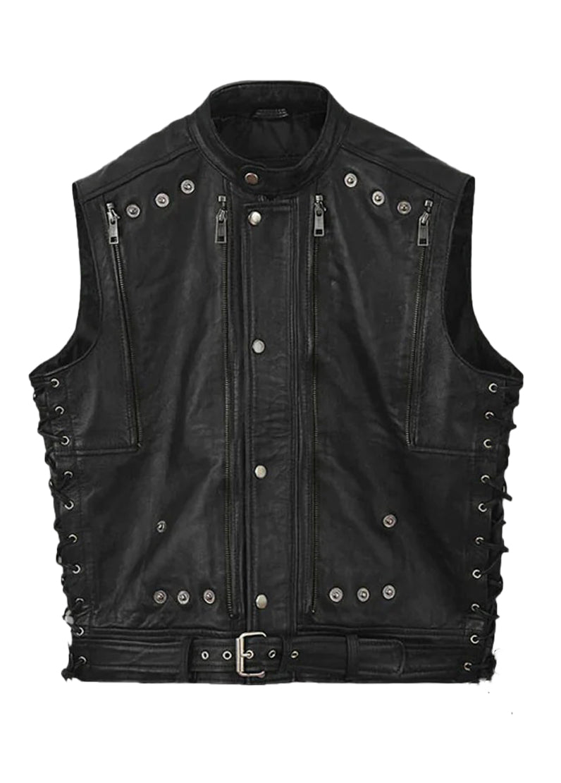 Men’s Black Gothic Leather Biker Vest with Side Laces & Studded Design