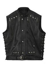 Men’s Black Gothic Leather Biker Vest with Side Laces & Studded Design