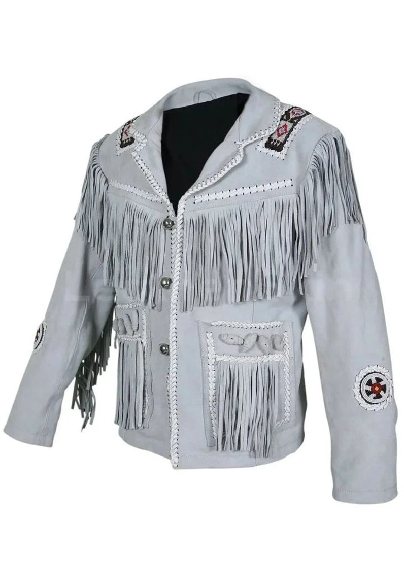 Men’s White Western Fringe Leather Jacket – Handmade Cowboy Suede Jacket with Native Embroidered Details