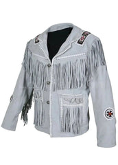 Men’s White Western Fringe Leather Jacket – Handmade Cowboy Suede Jacket with Native Embroidered Details