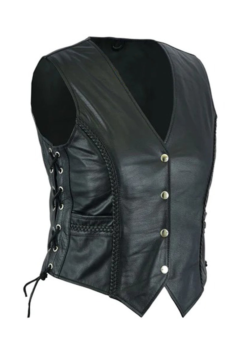 Women’s Black Leather Biker Vest – Vintage Braided Side Lace Waistcoat | The Western Jacket
