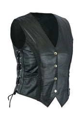 Women’s Black Leather Biker Vest – Vintage Braided Side Lace Waistcoat | The Western Jacket