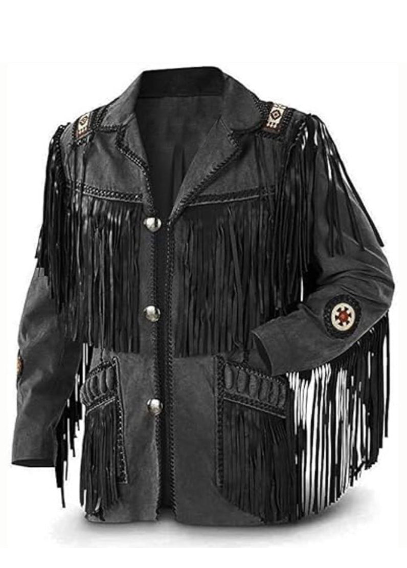 Men’s Black Western Fringe Leather Jacket with Native Inspired Detailing | Cowboy Style Tassel Jacket