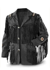 Men’s Black Western Fringe Leather Jacket with Native Inspired Detailing | Cowboy Style Tassel Jacket