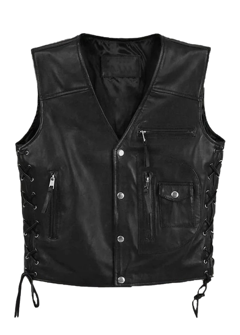 Men’s Black Leather Motorcycle Biker Vest with Side Laces – Classic Snap Button Riding Vest