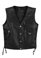 Men’s Black Leather Motorcycle Biker Vest with Side Laces – Classic Snap Button Riding Vest