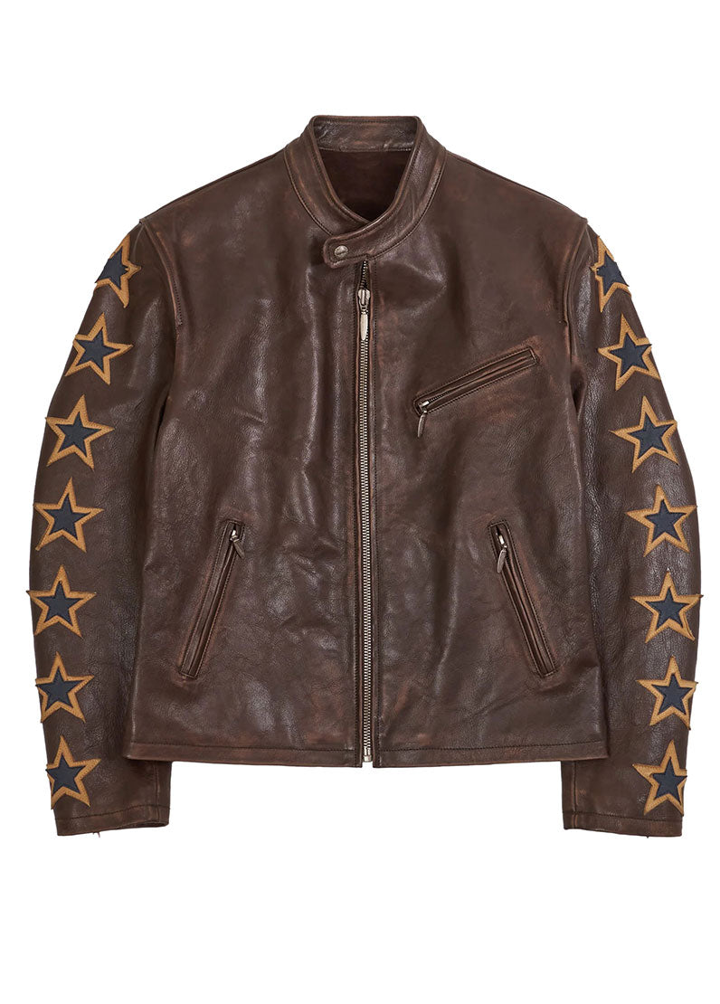 Men’s Brown Genuine Leather Star Sleeve Biker Jacket – The Western Jacket