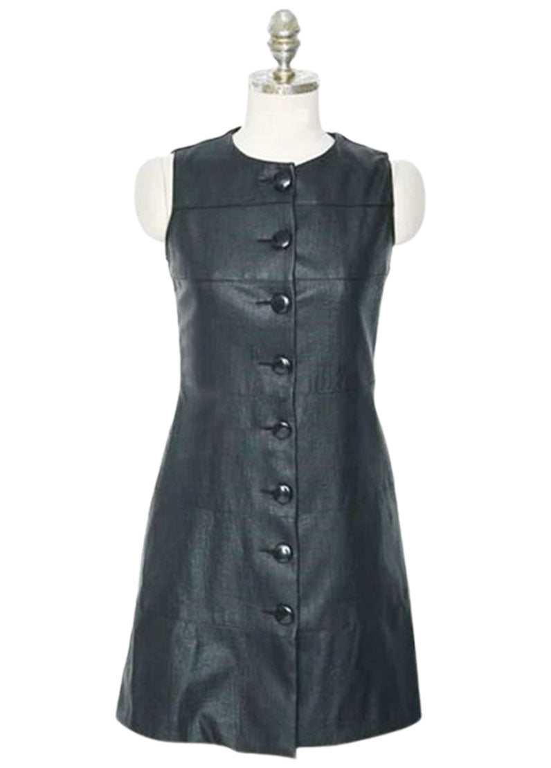 Women’s Black Genuine Leather Sleeveless Button-Front Dress | The Western Jacket