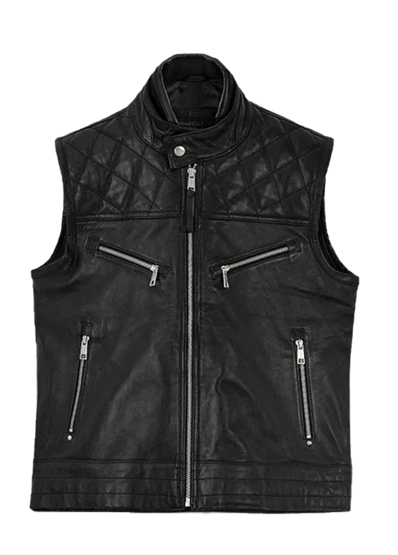 Men’s Black Leather Biker Vest – Quilted Motorcycle Sleeveless Jacket | The Western Jacket