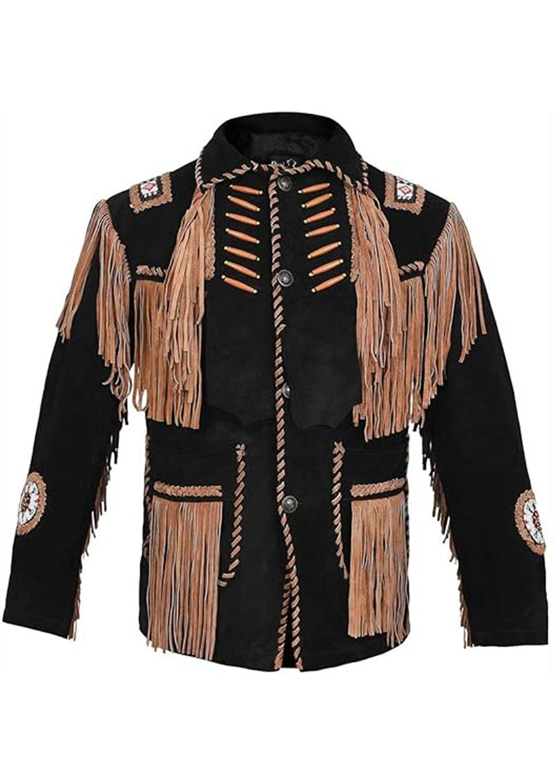 Men's Black Western Fringe Suede Jacket – Cowboy Style Tassel Leather Inspired Coat with Tribal Embroidery