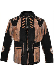 Men's Black Western Fringe Suede Jacket – Cowboy Style Tassel Leather Inspired Coat with Tribal Embroidery