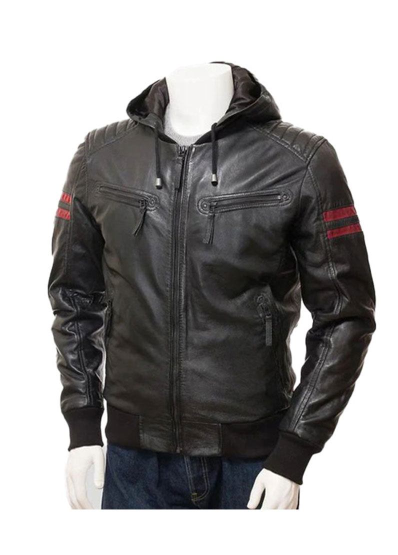 Men’s Black Hooded Biker Leather Jacket – Genuine Leather Motorcycle Style by The Western Jacket