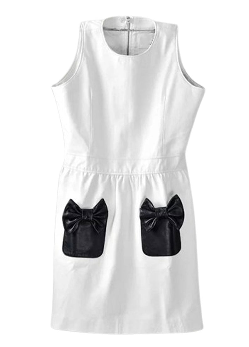 Women’s White Genuine Leather Dress with Black Bow Pockets | The Western Jacket