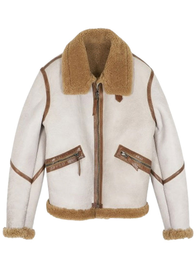 Men's Arctic White Shearling Aviator Leather Jacket – Premium Winter B3 Bomber Coat