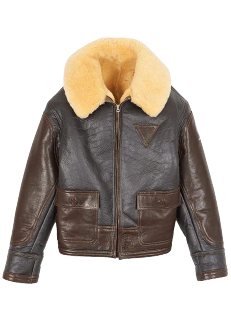 Men's Heritage Shearling Collar Aviator Leather Jacket – Vintage Brown Winter Bomber Jacket