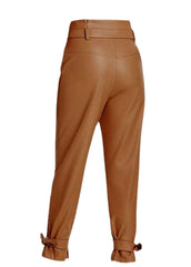 Women’s Tan High-Waist Genuine Leather Pants with Belted Tie & Ankle Straps – The Western Jacket