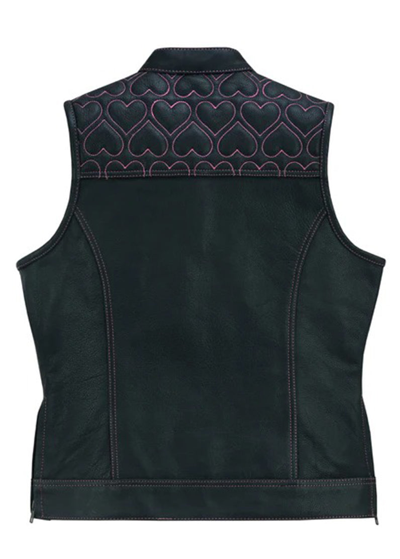 Women’s Black Leather Western Vest with Pink Heart Stitching | Stylish Biker Cowgirl Vest – The Western Jacket