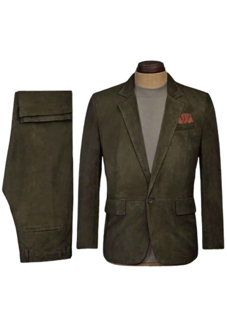 Men's Luxury Olive Green Suede Leather Two-Piece Suit