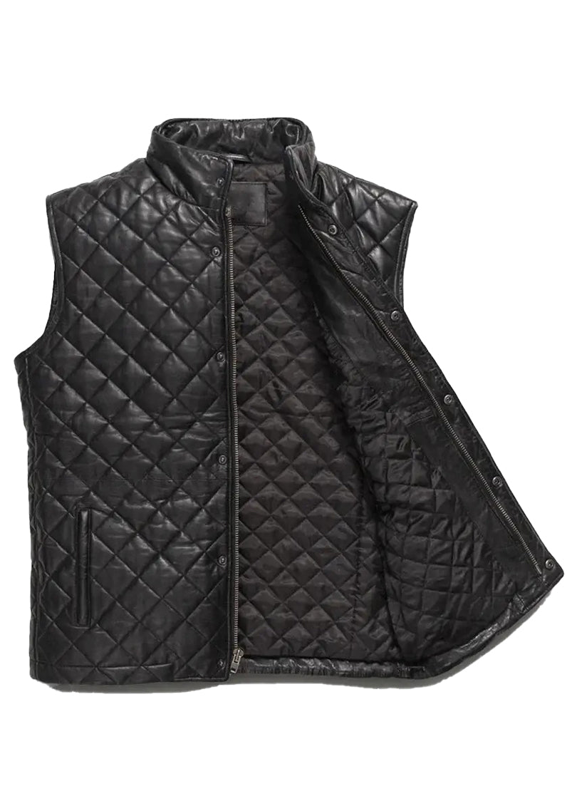 Men’s Black Quilted Leather Vest – Premium Puffer Style | The Western Jacket