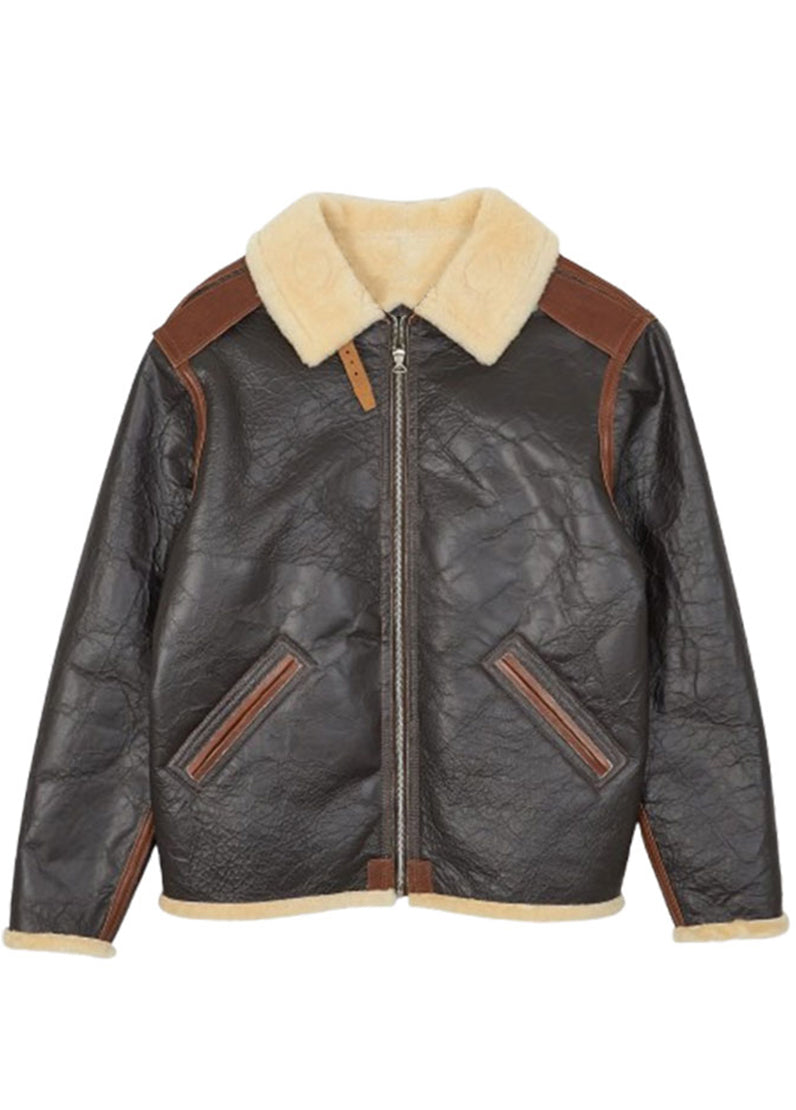 Men's Vintage Shearling Aviator Leather Jacket – Brown & Black Winter Pilot Bomber Jacket
