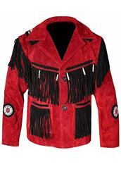 Men’s Red Western Fringe Suede Leather Jacket with Black Tassels | Cowboy Style Jacket