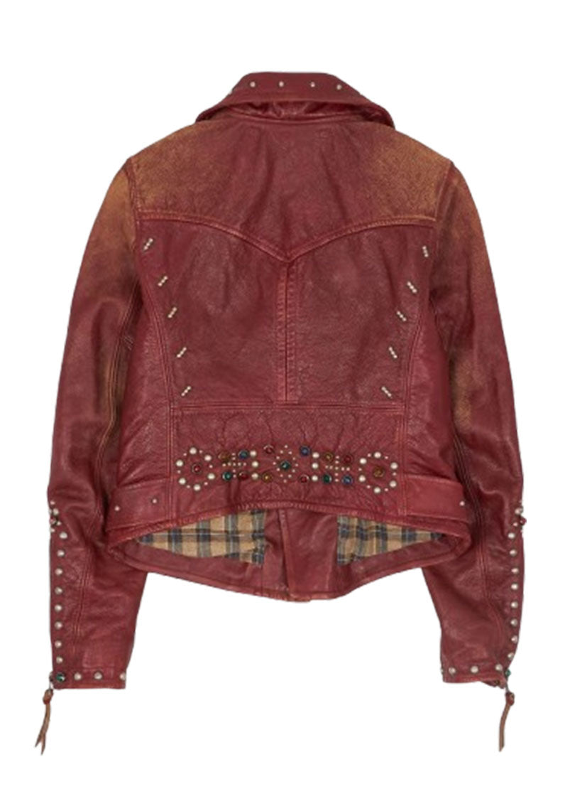 Women's Studded Burgundy Genuine Leather Biker Jacket – The Western Jacket