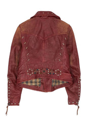 Women's Studded Burgundy Genuine Leather Biker Jacket – The Western Jacket