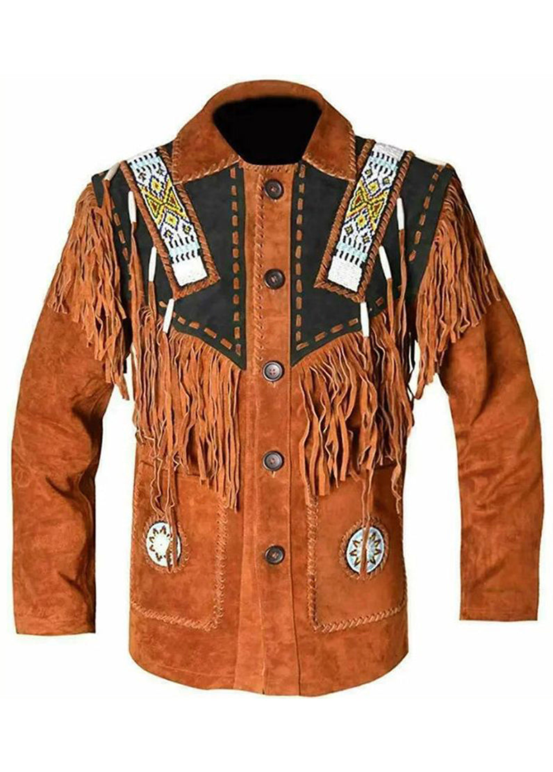 Men’s Western Fringe Suede Leather Jacket – Native Inspired Cowboy Coat, Vintage Ranch Wear, Handmade Brown Western Fashion Jacket