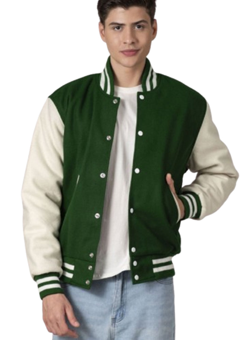 Men’s Forest Green Varsity Jacket with White Sleeves | Classic Letterman Bomber