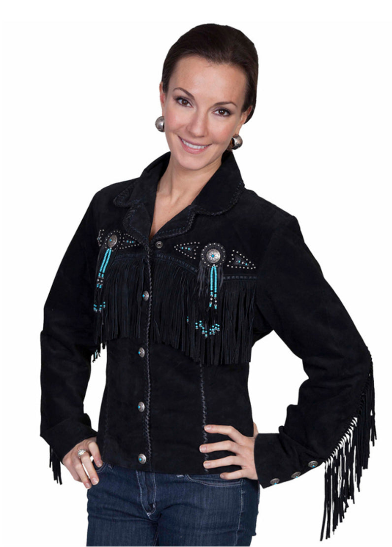 Women's Black Suede Fringe Western Jacket with Turquoise Beaded Concho | Handmade Cowgirl Leather Jacket