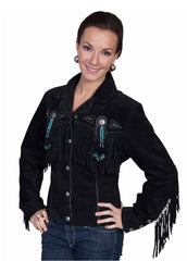 Women's Black Suede Fringe Western Jacket with Turquoise Beaded Concho | Handmade Cowgirl Leather Jacket