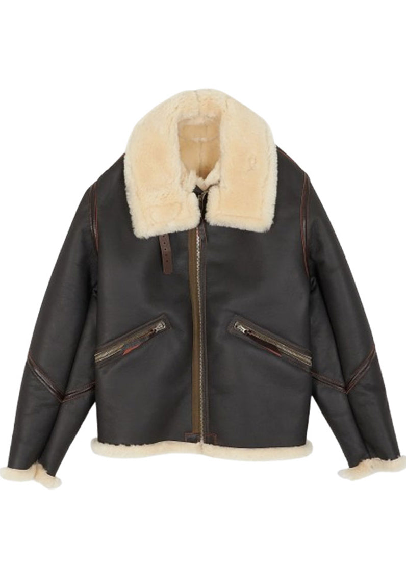 Men’s Dark Brown Shearling Aviator Leather Jacket with Cream Fur Collar | The Western Jacket