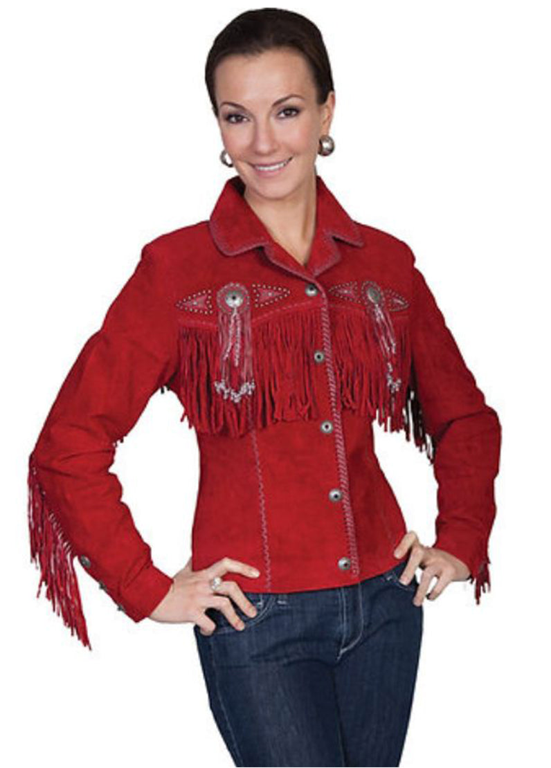Women's Ruby Red Suede Fringe Western Jacket – Handmade Cowgirl Leather Coat with Concho Bead Detail