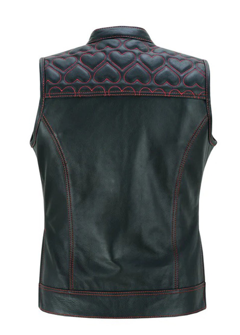 Women’s Black Leather Vest with Red Heart Stitching | Stylish Western Sleeveless Jacket