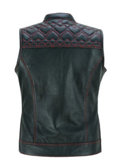 Women’s Black Leather Vest with Red Heart Stitching | Stylish Western Sleeveless Jacket