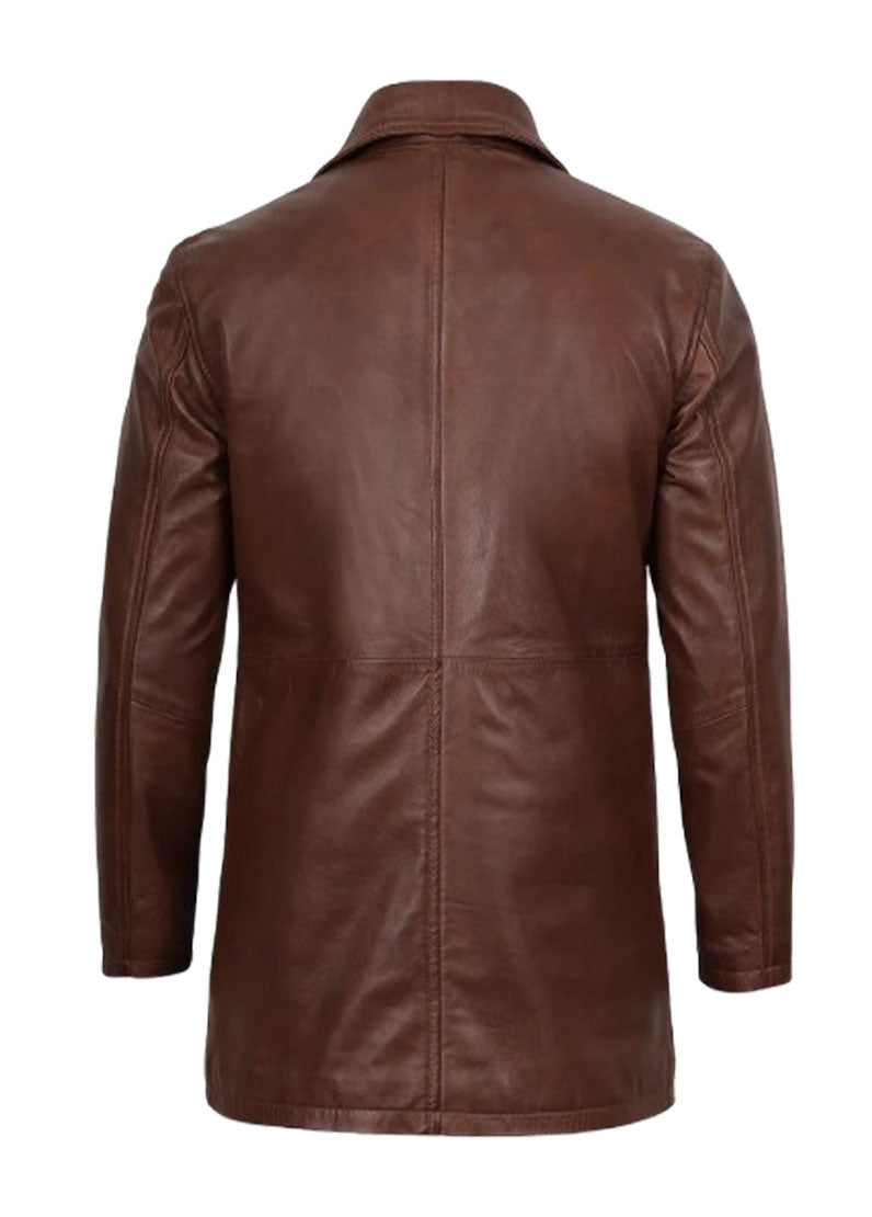 Men's Classic Maverick Genuine Brown Leather Car Coat