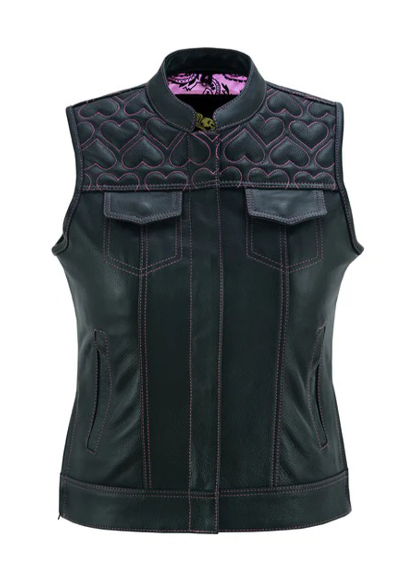 Women’s Black Leather Western Vest with Pink Heart Stitching | Stylish Biker Cowgirl Vest – The Western Jacket