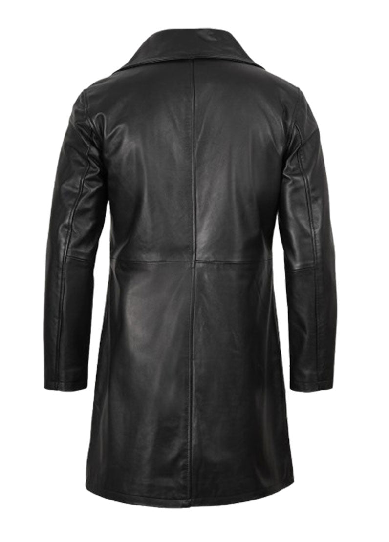 Men’s Genuine Black Leather Long Trench Coat